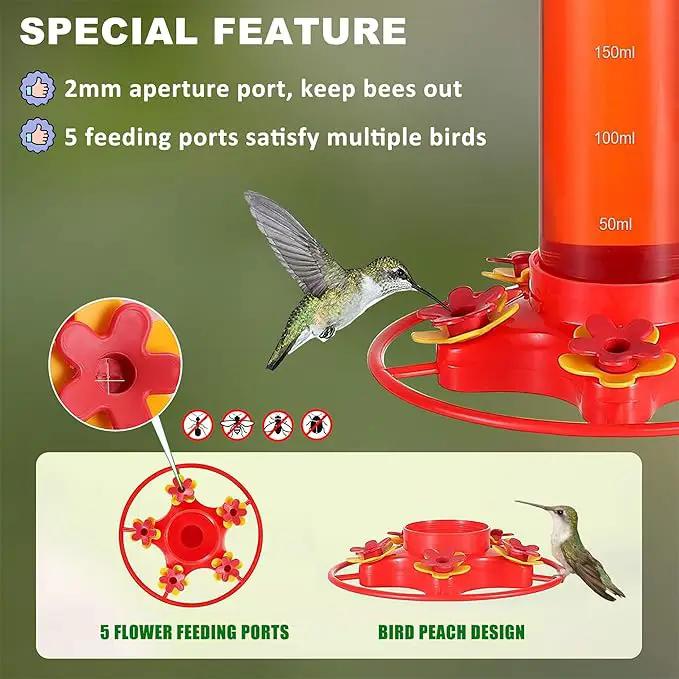 Hummingbird Feeders for Outdoors Hanging - 5 Feeding Ports 320 ml Plastic Hummingbird Feeder, Bee-Proof Leak-Proof No Drip, Easy to Clean with Cleaning Brush by GreenHaven Gardens