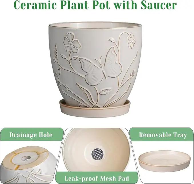 6 Inch Ceramic Plant Pot for Indoor Plants Outdoor Round Planter Flower Pot with Drainage Hole and Saucer for Home Garden Office Decor White by GreenHaven Gardens