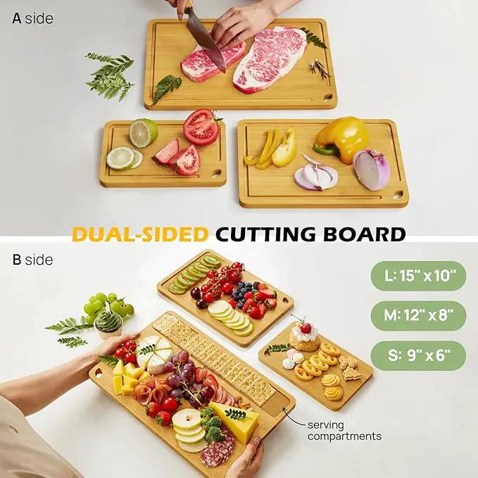 Wood Cutting Board for Kitchen - Reversible Bamboo Cutting Boards Gift Set of 3 with Juice Groove, Wooden Chopping Board for Meat, Fruit, Vegetables & Cheese (Pre Oiled, Natural) by GreenHaven Gardens