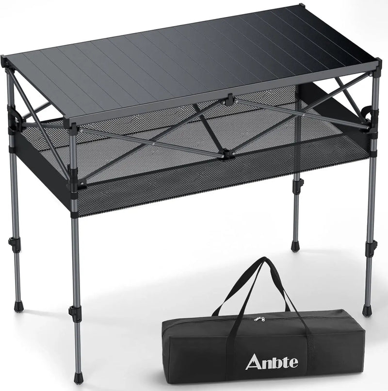 Camping Table Foldable, 2 Adjustable Height 34.2”, Large Roll Up Camping Table Support 264lbs with Storage Basket and Bag, Aluminum Outdoor Table, for Picnic Travel BBQ, 39.4” x 19.7”, Black by GreenHaven Gardens