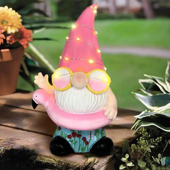 BAYN Garden Gnome Statues Outdoor Decor, Solar Powered Outdoor Gnome with Flamingo Swimming Decorative Yard Garden Lights Art Gifts with 11 Warm White LEDs by GreenHaven Gardens