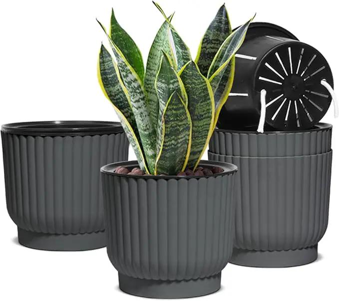 T4U 7 Inch Self Watering Pots for Indoor Plants, 4 Pack Gray Plastic Flower Pots for All House Plants, Flowers, African Violets by GreenHaven Gardens