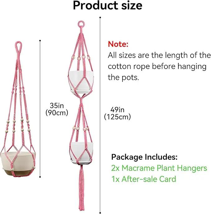 USLAI Macrame Plant Hanger Indoor Outdoor, Up to 4-15 inch Pot, Heavy 20lb Planters, Extra Long Strong Hanging Planter Basket Holder, Boho Home Decor, 35+49 Inch, Pink (POTS NOT Included) by GreenHaven Gardens