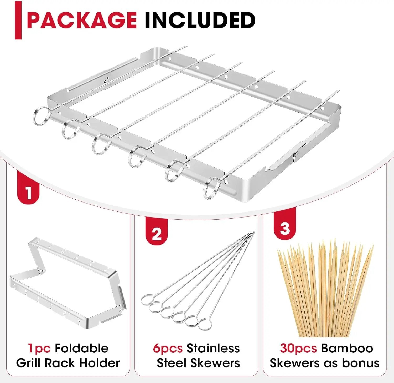 Unicook Stainless Steel BBQ Shish Kabob Set, Foldable Shish Kabob Holder with 6pcs 13"L Skewers, Reusable Grill Rack, Comes with 30pcs 12.5"L Bamboo Skewers for Party and Cookout by GreenHaven Gardens