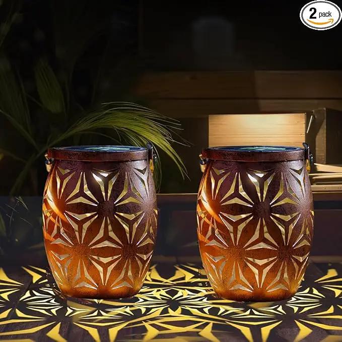 Solar Outdoor Lanterns with Floral Design，LED Garden Lights，Outdoor Solar Table Lantern Waterproof Brown Flower Hollowed，Table Lamp for Indoor/Outdoor Patio Porch Lawn Pathway Indoor by GreenHaven Gardens