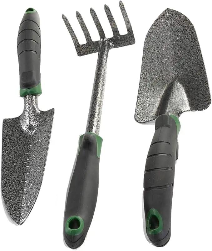 Edward Tools Garden Tool Set - Heavy Duty Carbon Steel Trowel, Transplanter, Hand Rake - 3 Piece Garden Tool Set with Bend-Proof Design - Ergo Rubber Grip Handles by GreenHaven Gardens