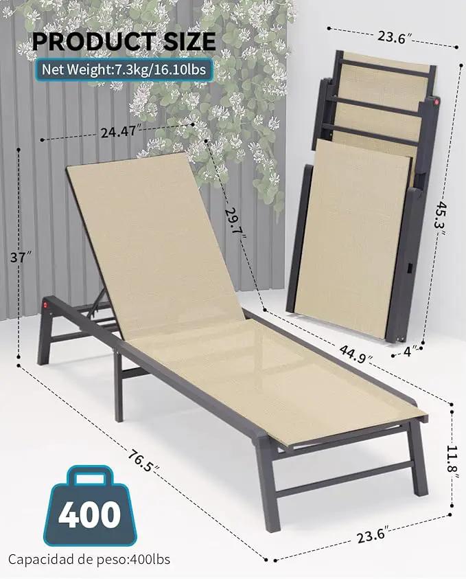 Aluminum Chaise Lounge Chair Outdoor, Foldable Patio Lounge Chair 2 Sets with Table Assemble-Free, Pool Lounge Chairs with 5 Adjustable Backrest, Outdoor Lounge Chairs for Outside Poolside Flaxen by GreenHaven Gardens