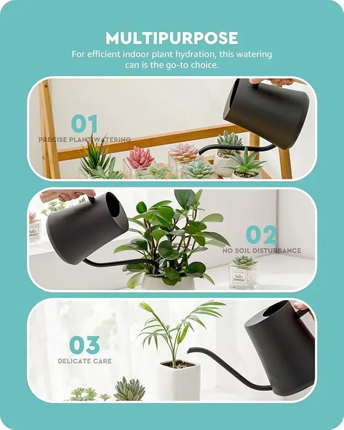 Baffect Indoor Watering Can, 1L/34OZ Metal Houseplant Watering Can with Wooden Handle, Curved Design Watering Can with Long Spout for Small Potted Plants (Black) by GreenHaven Gardens