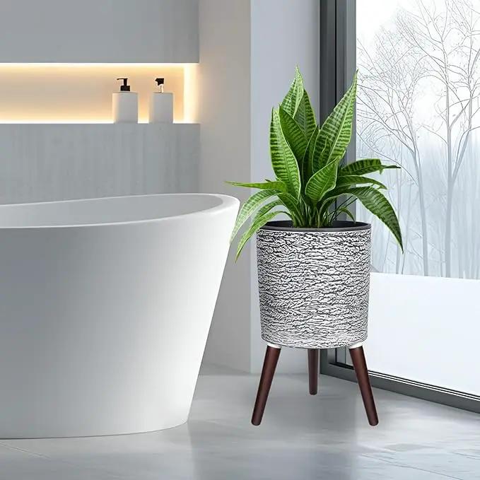 12 Inches Plant Pots with Stand Mid Century Flower Pots with Wood Legs Large Mode Cylinder Planter with Drainage Holes for Indoor Plants,Garden,Decorative-Grey by GreenHaven Gardens