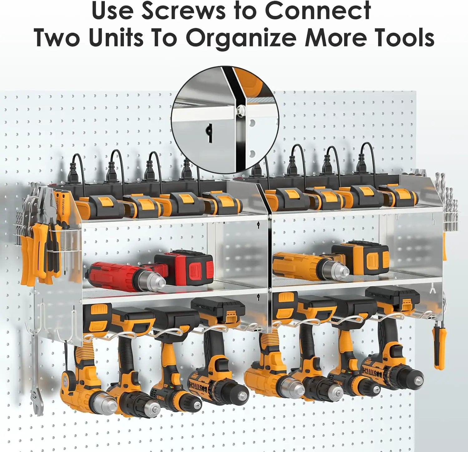 CCCEI Modular Power Tool Organizer Wall Mount with Charging Station. Garage 4 Drill Storage Shelf with Hooks, Drill Bit Heavy Duty Rack, Silver Tool Battery Holder Built in 8 Outlet Power Strip. by GreenHaven Gardens
