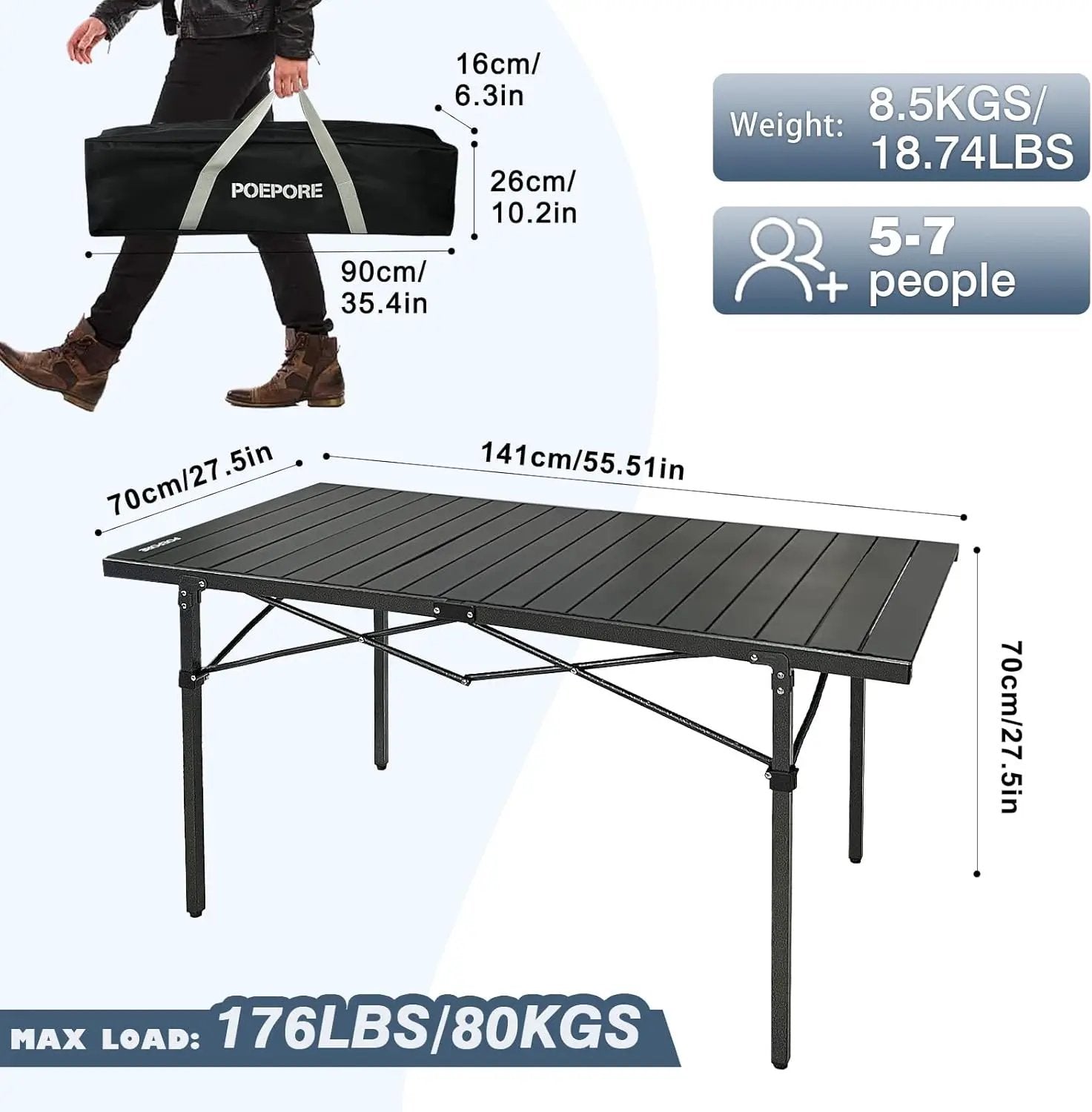 Large Folding Camping Table Aluminum for 5-7 People 55"X27.5" Roll Up Tall Outdoor Portable Table Lightweight with Carry Bag for Picnic BBQ Backyard Beach Black by GreenHaven Gardens