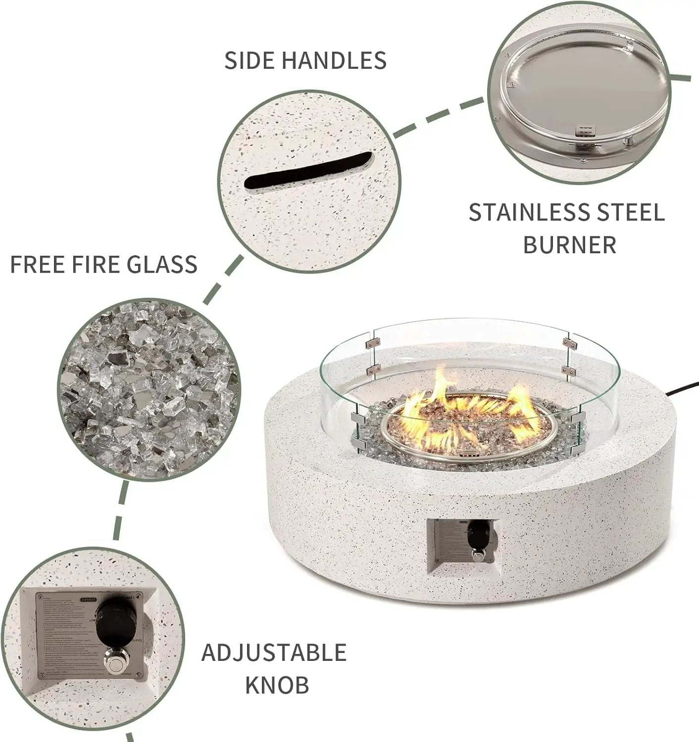 COSIEST Outdoor Propane Fire Pit Coffee Table w Terrazzo White 42 inch Round Base Patio Heater, CSA Certified, 50,000 BTU Stainless Steel Burner, Wind Guard, Transparent Gray Fire Glass, Rain Cover by GreenHaven Gardens