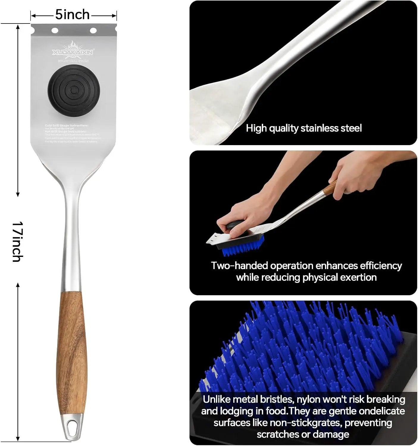 Grill Brush and Scraper, Dual Grip Design,Extra Strong BBQ Cleaner Accessories,Safe Nylon Bristles Barbecue Triple Scrubbers Cleaning Brush for Cast Iron Grates/Porcelain/Charcoal Grill by GreenHaven Gardens