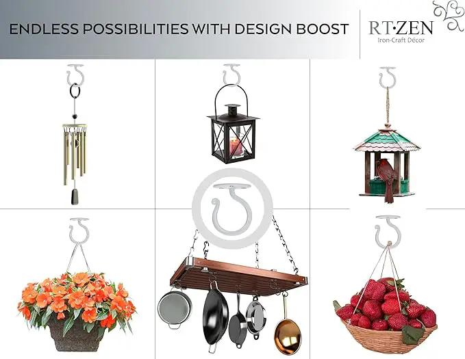 RTZEN Plant Hangers Outdoor or Indoor - Wrought Iron Metal Hanger Indoor Hook - Heavy Duty Wall Bracket Hooks for Hanging Plants Baskets Lanterns Wind Chimes - 2 Pack (White Ceiling Hooks) by GreenHaven Gardens
