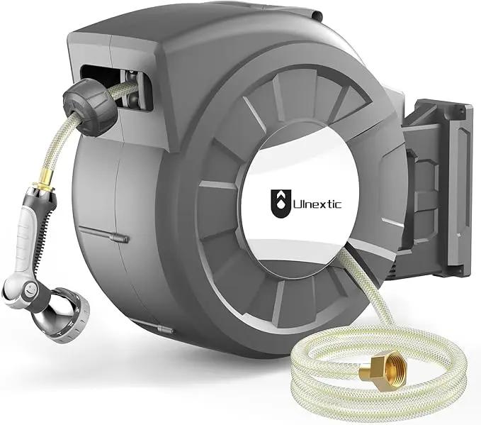 Retractable Garden Hose Reel, 1/2 in x 125 ft Wall Mounted Hose Reel, 10-Pattern Spray Nozzle, Any Length Lock/Slow Return System/Wall Mounted/180°Swivel Bracket by GreenHaven Gardens