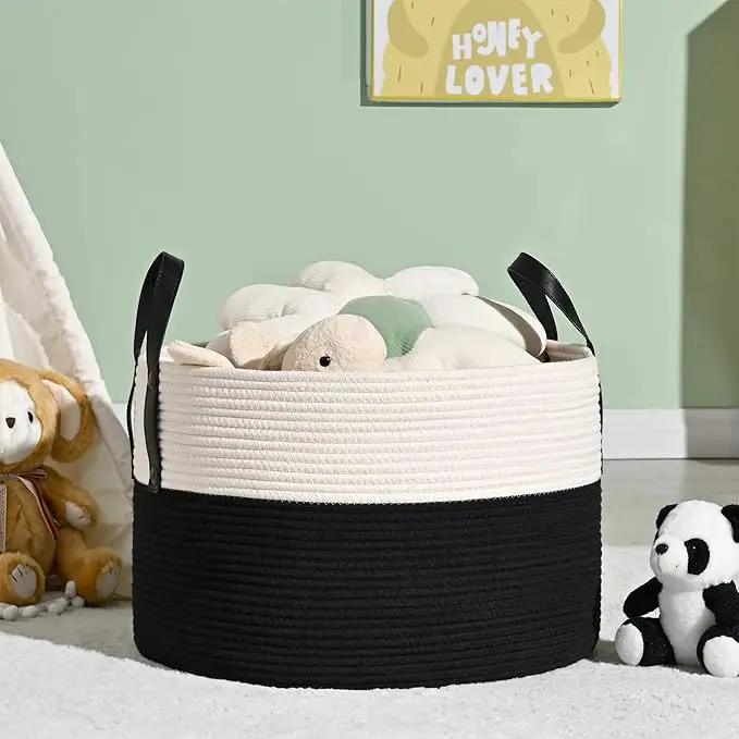 KAKAMAY Large Blanket Basket (20"x13"),Woven Baskets for storage Baby Laundry Hamper, Cotton Rope Blanket Basket for Living Room, Laundry, Nursery, Pillows, Baby Toy chest (White/Black) by GreenHaven Gardens