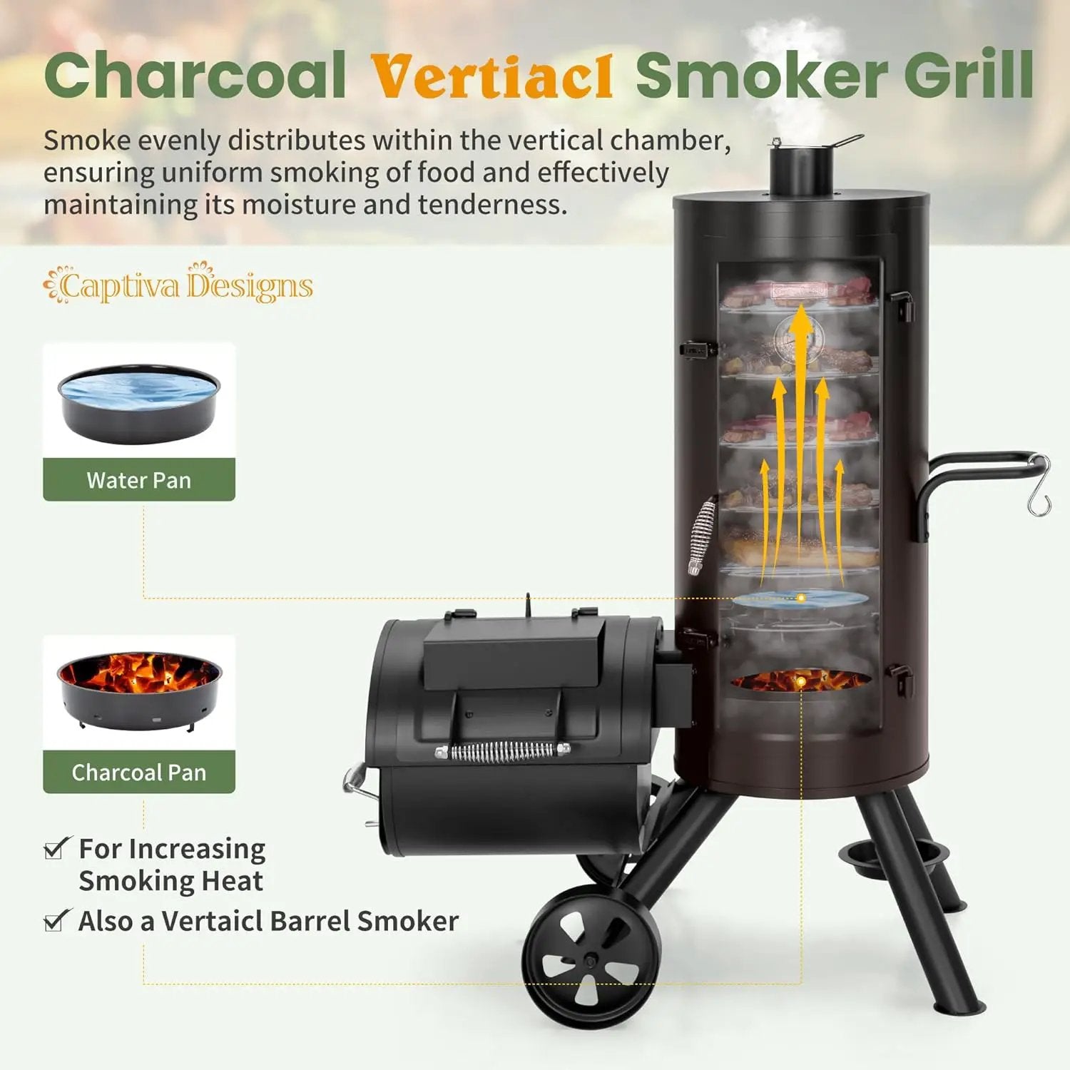 Captiva Designs Charcoal Vertical Smoker Grill and Offset Smoker Grill Combo, Extra Large Outdoor Barrel BBQ Meat Smoker with 5 Removable Smoking Grates & Built-in Hooks for Various Meat Foods by GreenHaven Gardens