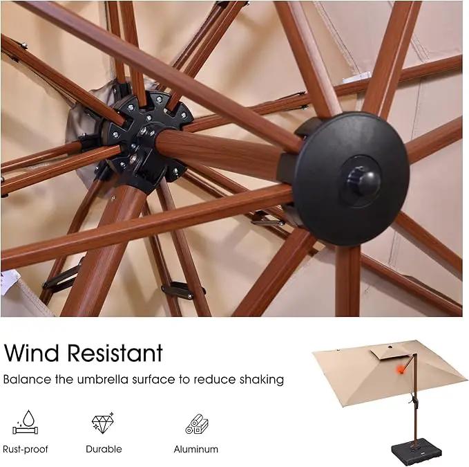 PURPLE LEAF 9' X 12' Double Top Deluxe Wood Pattern Rectangle Patio Umbrella with Base Offset Hanging Umbrella Outdoor Market Umbrella Garden Umbrella, Beige by GreenHaven Gardens