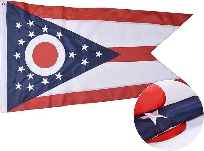 Ohio State Flag 3x5 Ft, Deluxe Embroidered Heavy Duty Polyester Durable OH Outside Flags, Indoor/Outdoor, Sewn Stripes and Brass Grommets by GreenHaven Gardens