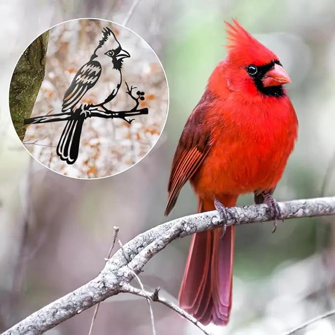 Metal Bird Christmas Cardinal Garden Decor，Tree Decor Outdoor Metal Wall Art Large，Cardinal Gifts Figurine Unique Yard Art，Garden Silhouette ，Garden Sculptures and Yard Art by GreenHaven Gardens