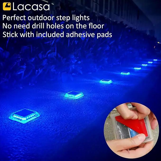 Lacasa Solar Deck Lights, 4 Pack 30LM LED Dock Lights Blue Light, Outdoor Solar Powered Step Lights Light up All Night IP68 Waterproof Auto ON/Off for Garden Stairs Driveway Pathway Lighting by GreenHaven Gardens