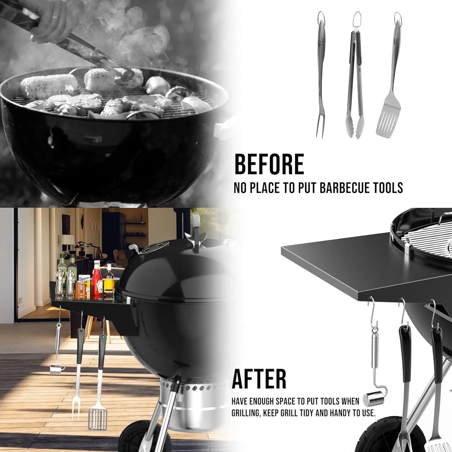 Charkettle Grill Table Shelf Compatible with Weber 22 Inches Kettle Grills, Outdoor Charcoal Grill Side Table BBQ Accessories with Hooks by GreenHaven Gardens