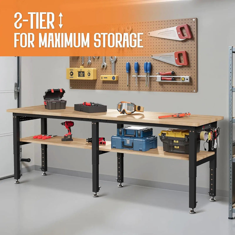 Albott 96" Adjustable 2-Tier Workbench with Solid Wood Top, Max 2000lbs Capacity, Built-in Power Strip with 4 AC Outlets & 2 USB Ports, Pegboard & 20 Hooks, Shop Garage Office by GreenHaven Gardens