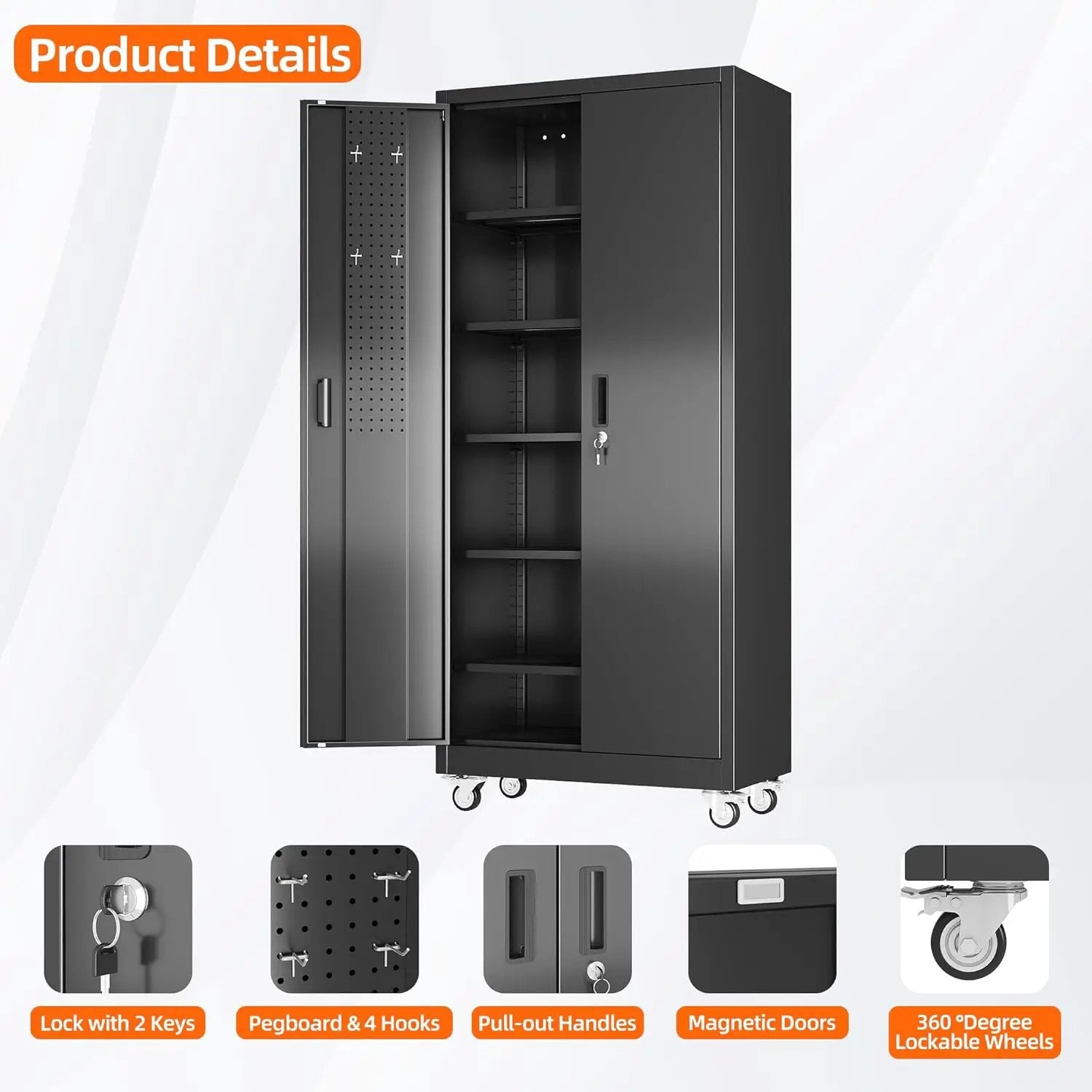 Aobabo 71" H×32" W×16" D Metal Storage Cabinet with Wheels, Garage Steel Storage Cabinet with 5 Adjustable Shelves and 4 Hooks for Home Office, Kitchen, Assembly Required, Black by GreenHaven Gardens