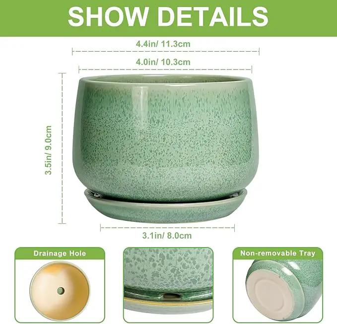 G EPGardening Ceramic Plant Pot - 4 inch Plant Pots with Drainage Hole & Saucer, Small Pots for Plant Indoor Outdoor, Modern Round Planter, Decorative Flower Pot, Room Decor, House Warming Gift, Green by GreenHaven Gardens
