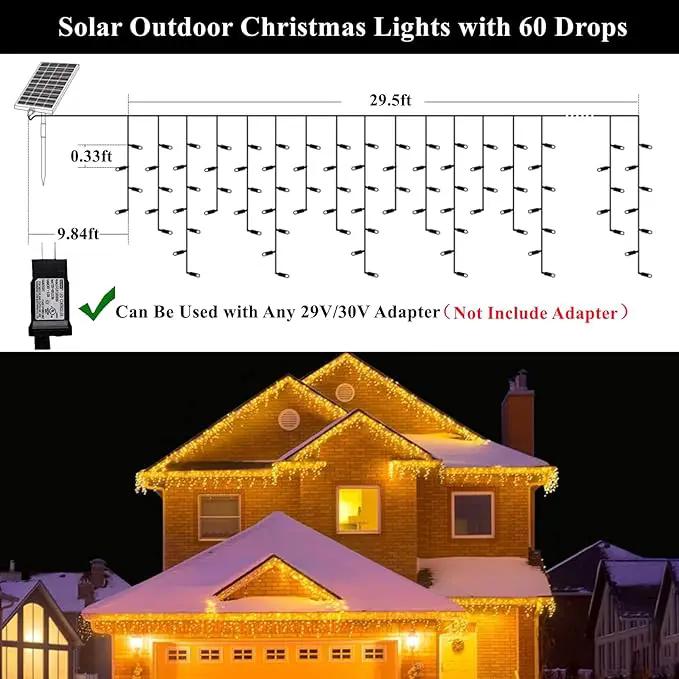 Solar Christmas Lights Outdoor Waterproof Christmas Decorations Curtain Lights 320LED 29.5ft 60 Drops, Solar Powered Rechargeable Fairy Lights for Party, Wedding, Home Decorations(WarmWhite) by GreenHaven Gardens