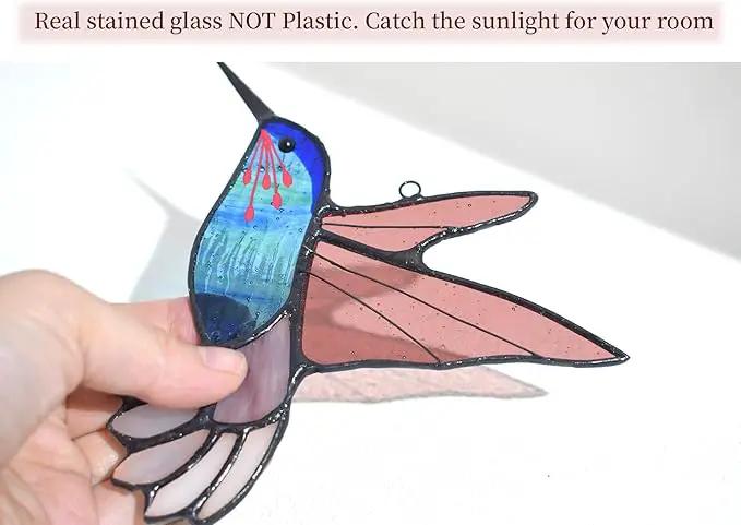 Lolitarcrafts Stained Glass Hummingbird Window Hangings with Flowers, Bird Stained Glass Suncatcher for Window Decor Hummingbird Gifts for Mom,Bird Lovers (Blue B) by GreenHaven Gardens