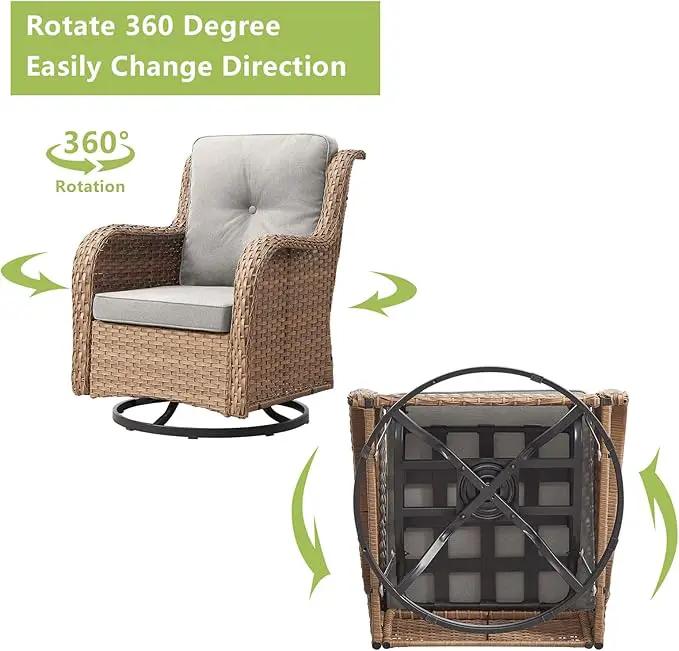 Outdoor Patio Swivel Rocker Chairs - 3 Piece Patio Bistro Set,Wicker Patio Furniture Set with 2 Swivel Rocking Chairs and 1 Glass Top Side Table for Deck Porch Garden,Yellow/Beige by GreenHaven Gardens
