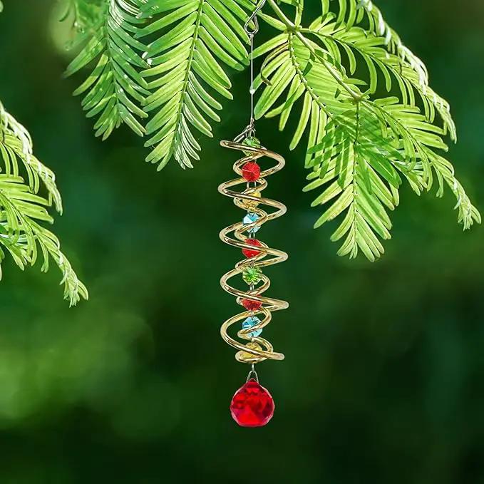 FONMY Gazing Ball Spiral Tail -Decorative Wind Spinner Sun Catcher Rainbow Maker Golden Double-Spiral W/Red Crystal Ball and Chain Crystals Beads for Indoor Outdoor Garden Decoration -14 inch Height by GreenHaven Gardens