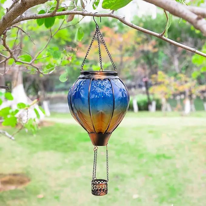 pearlstar Hot Air Balloon Solar Lantern with Flickering Flame Light, Outdoor Solar Hanging Lights Waterproof for Garden Yard Patio Farmhouse Decoration,Stained Glass Blue by GreenHaven Gardens