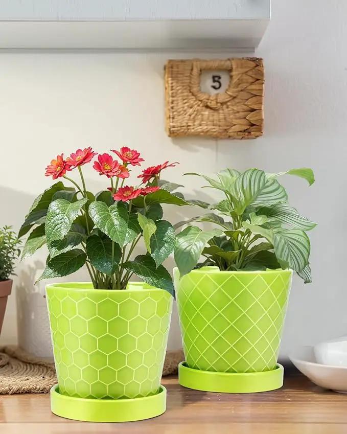 EFISPSS 5 Inch Ceramic Plant Pots Indoor, Planters with Drainage Holes and Ceramic Tray, Relief Design Flower Planter，Desktop Office Windowsill Decoration Gift Set of 4 - Green by GreenHaven Gardens