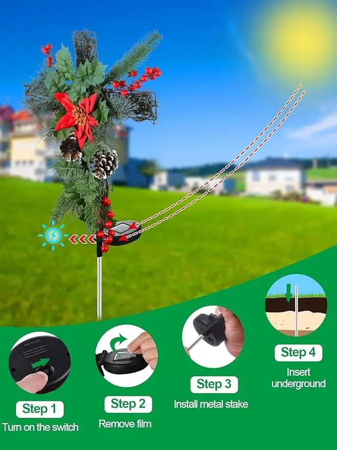 2 Pack Christmas Decorations Outdoor Solar Cross Stake Lights for Christmas Decor, IP65 Waterproof, Auto On/Off Cross Light Grave Decorations with 10 LEDs & Pinecones for Garden Yard Lawn Cemetery by GreenHaven Gardens