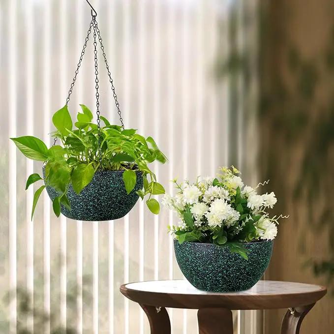 8 inch Small Hanging Planters for Indoor Outdoor Plants, 2 Pack Hanging Flower Pots with Drainage Holes and Chain, Plastic Hanging Baskets for House Plants, Black with Green Speckles by GreenHaven Gardens