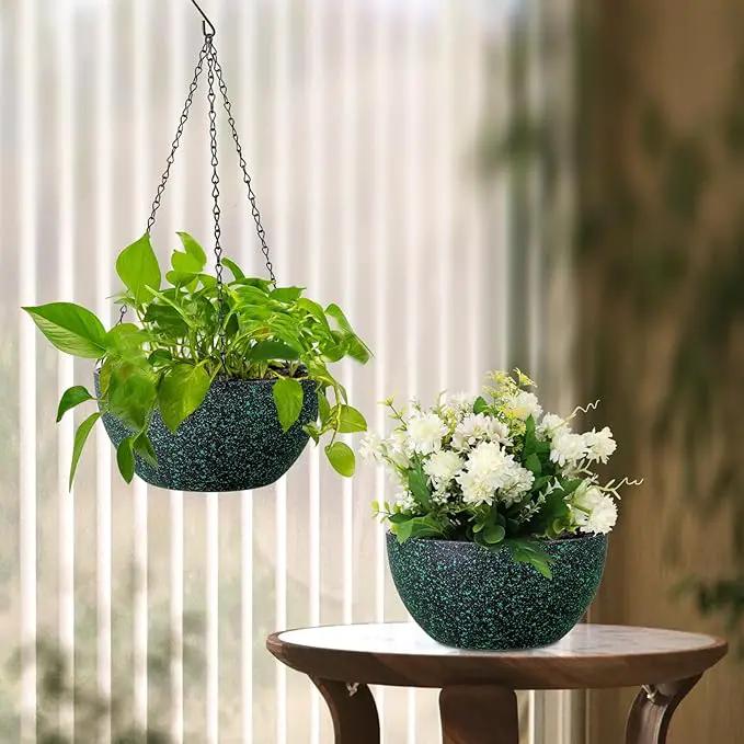12 inch Large Hanging Planters for Indoor Outdoor Plants, 2 Pack Hanging Flower Pots with Drainage Holes and Chain, Plastic Hanging Baskets for House Plants, Black with Green Speckles by GreenHaven Gardens