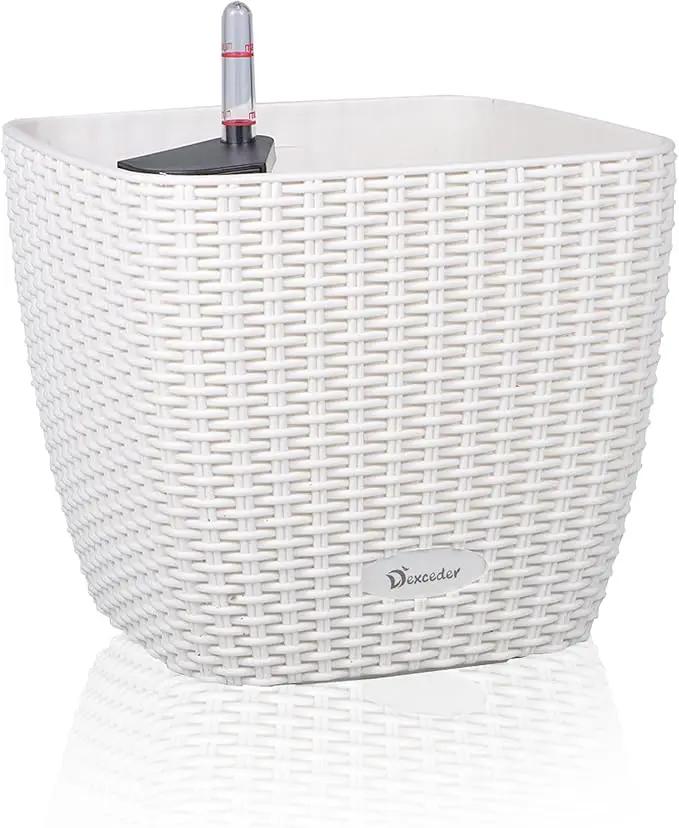 Dexceder 11x10 Self Watering Planter Indoor Outdoor, Inner Mat Design, Thickened Table Flower Plant Pot with Water Level Indicator (Ivory White Rattan) by GreenHaven Gardens