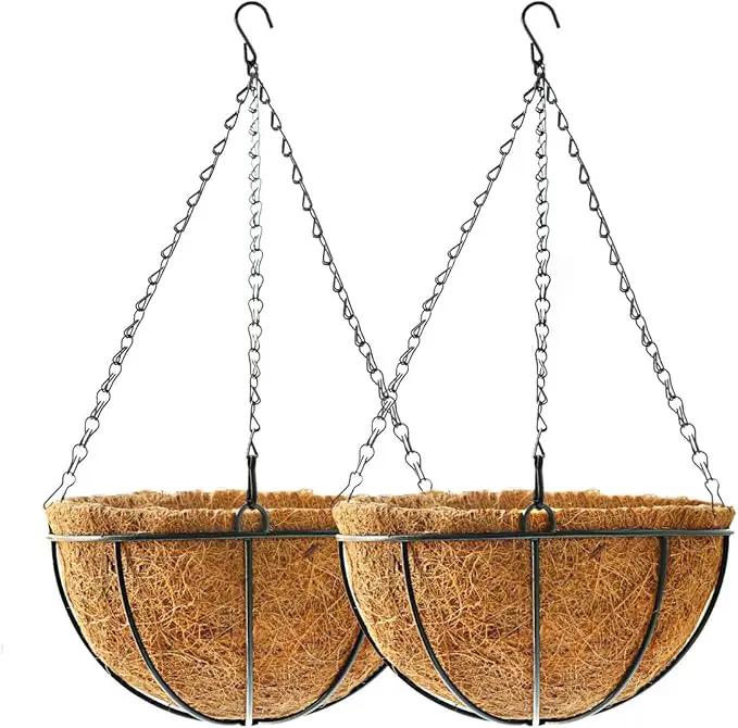 Hanging Plant Basket Flower Holder (2pack, 16 inch)-Metal Wire Round Hanging Basket Planter with Coco Fiber Liners for Plants Flower Pots Outdoor Garden Porch and Balcony Decor by GreenHaven Gardens