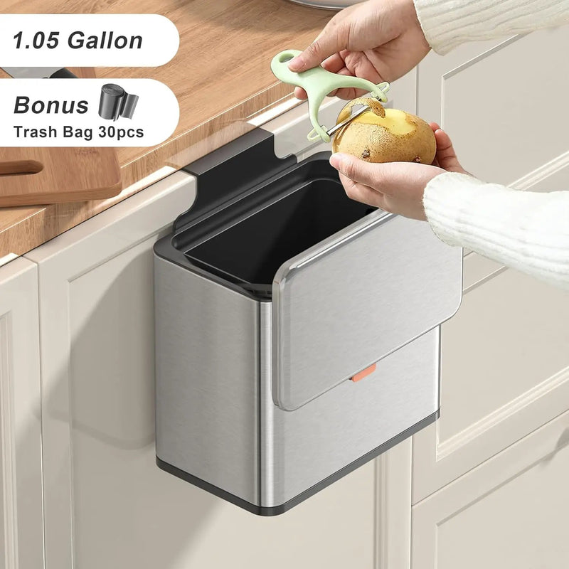 Mbillion Kitchen Compost Bin Hanging Trash Can with Lid 1.05 Gallon Stainless Steel Garbage Can for Kitchen Cabinet Door Mounted Trash Can Under Sink Door RV Bathroom,Silver by GreenHaven Gardens