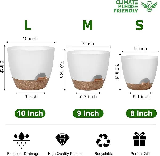 Plant Pots 10/9/8 Inch Self Watering Pots, Set of 3 Plastic Planters with Drainage Holes and Saucers,Plastic Flower Pots,Nursery Planting Pot for Indoor Out Door Plants（White） by GreenHaven Gardens