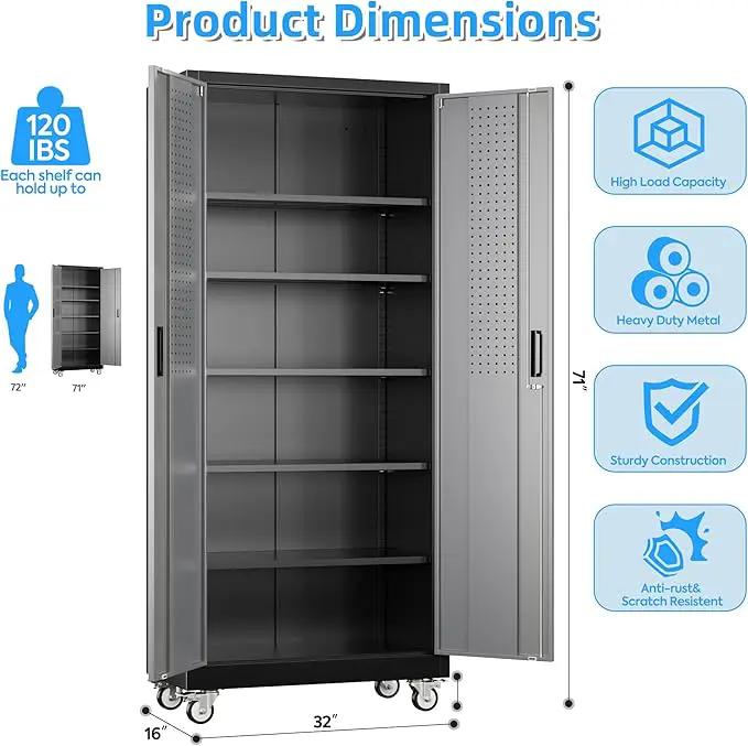 71" H×32" W×16" D Garage Storage Cabinet with Wheels & Pegboard, Locking Metal Storage Cabinet with Doors and 5 Adjustable Shelves & & 4 Hooks for Garage Warehouse Home Office, Black and Gray by GreenHaven Gardens