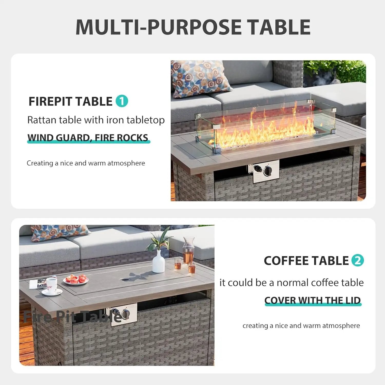 44" Fire Pit Table with Wind Guard for Outdoor, Auto-Ignition Propane Gas Firepits Rattan Rectangular Table for Outside Patio 60,000 BTU, Gray by GreenHaven Gardens