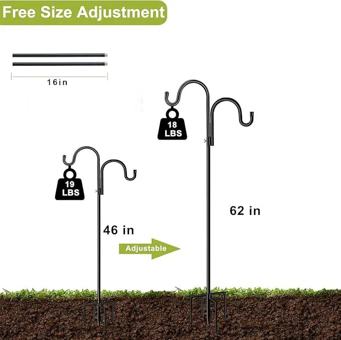 Double Shepherds Hook for Outdoor,62 Inch Bird Feeder Pole with 5 Prongs Base,Adjustable Heavy Duty Garden Hanging Holder for Hanging Plant,Solar Light,Weddings Decor,Hummingbird Feeder(1 Pack) by GreenHaven Gardens