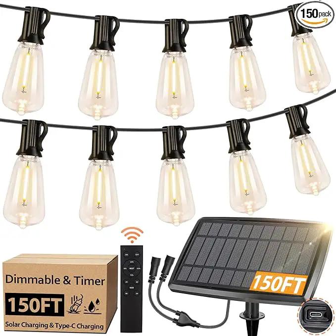 150FT Solar String Lights for Outside, Solar Powered Patio Lights with 52 Shatterproof ST38 Edison Bulbs & Remote Control,Dimmable LED Solar String Lights for Outside Waterproof by GreenHaven Gardens