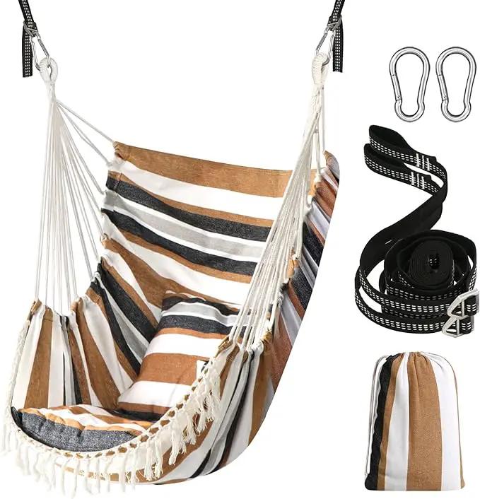 Chihee Hammock Chair Hanging Swing 2 Pillows Included,Strong Webbing Straps and Hooks for Easy Hanging Soft Cotton Hanging Chair Side Pocket Tassel Chair Comfort Indoor Outdoor Brown Stripes by GreenHaven Gardens