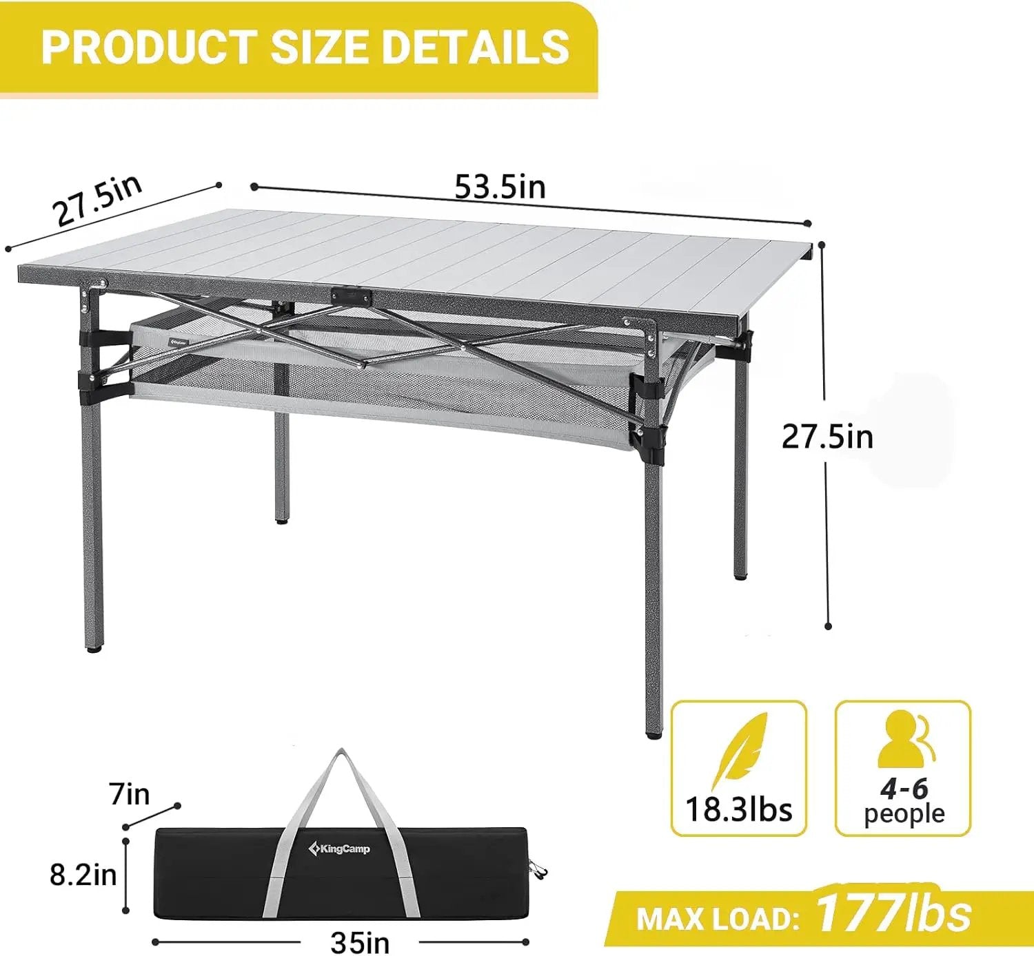 KingCamp Spacious Tabletop Area Aluminum Compact Roll 4-6 Person Stable Adjustable Feet Table with Carry Bag for Outdoor Camp Picnic, Black/Siver_53.5"×27.5" with Storage Layer by GreenHaven Gardens