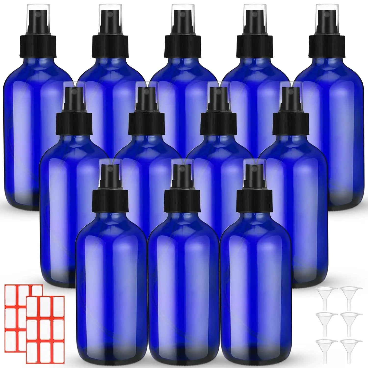Norme 12 Pcs 8 oz Glass Spray Bottles with Funnels and Labels Refillable Cosmetic Empty Spray Bottles with Sprayer Containers for Essential Oil Cleaning Solutions(Blue,Stylish) by GreenHaven Gardens