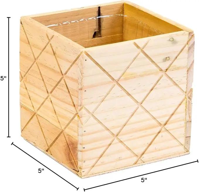 Wood Planter Box with Diamond Cross Hatch Style, 5 Inch Square, Rose Wood, Plastic Liner, Wedding Flowers Holder, Home and Venue Decor (5x5 Diamond Cross Hatch Set of 4, Rose Wood) by GreenHaven Gardens